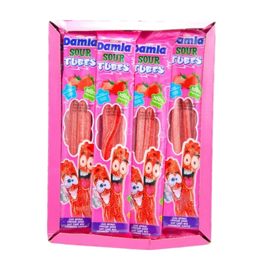 TAYAS Damla Sour Licorice Tubes Strawberry Pack (35 GR X 24 PCS) X 8