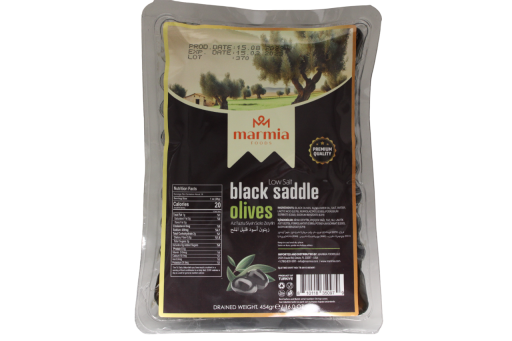 Marmia Black Olives Saddle Low Salt 1 LB X 20